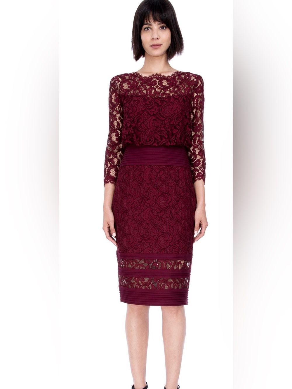 Tadashi Shoju Blouson Waist Embroidered Lace Dress in Auburn Sz 6